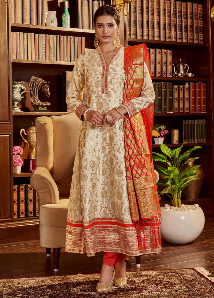 3 Pc Beige Readymade Silk Dupatta Suit Set