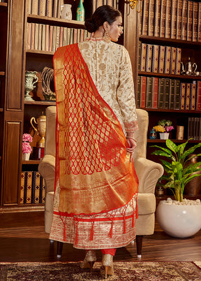 3 Pc Beige Readymade Silk Dupatta Suit Set