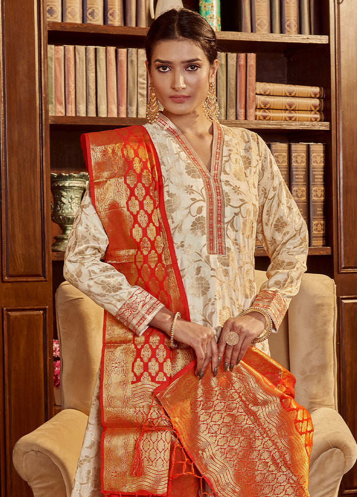 3 Pc Beige Readymade Silk Dupatta Suit Set