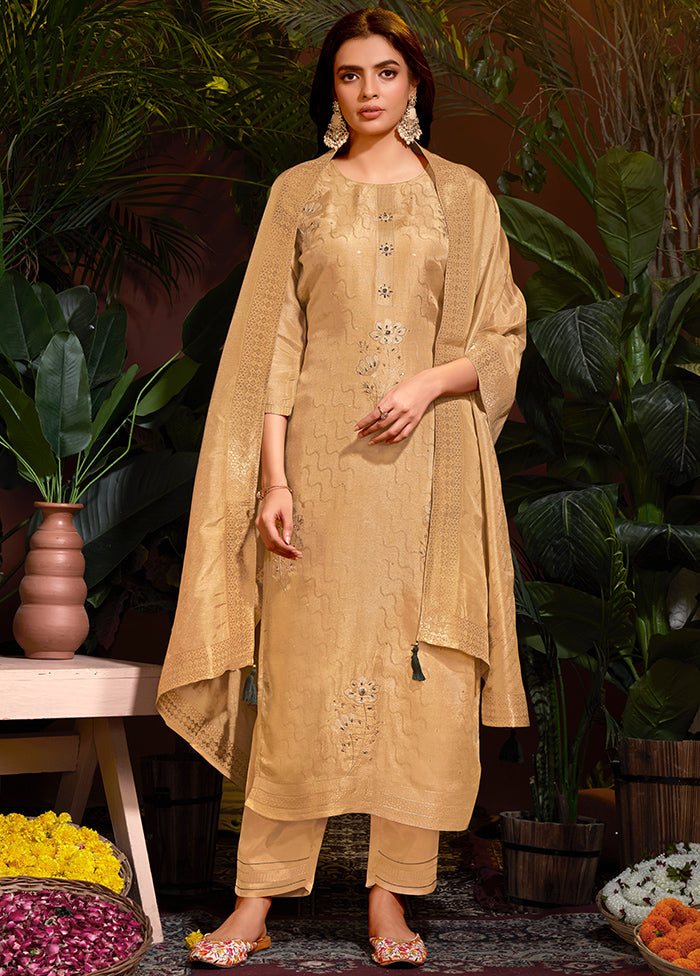 3 Pc Beige Readymade Viscose Dupatta Suit Set