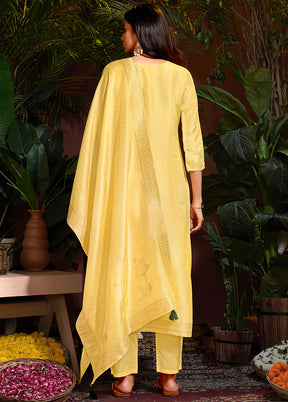 3 Pc Yellow Readymade Viscose Dupatta Suit Set