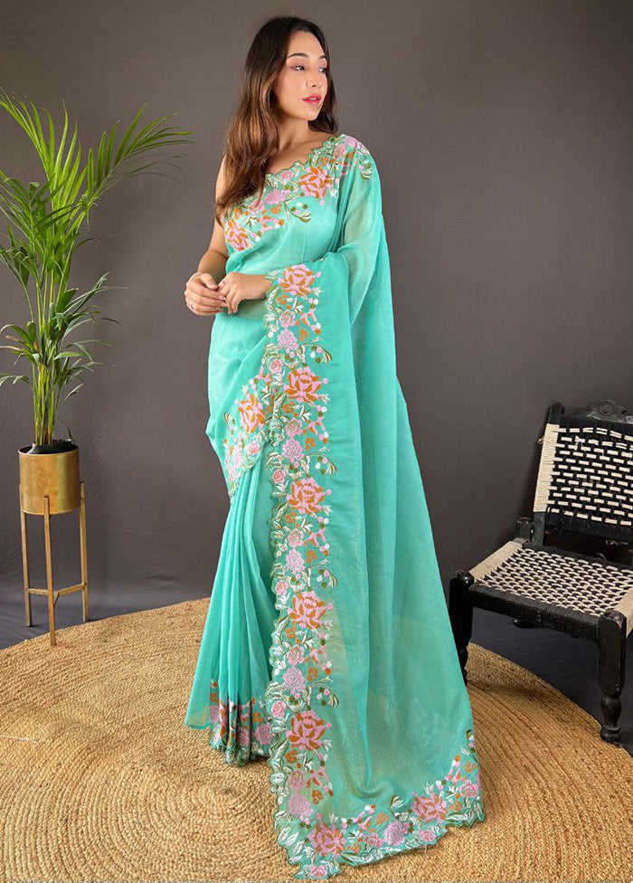 Sea Green Spun Silk Saree With Blouse Piece