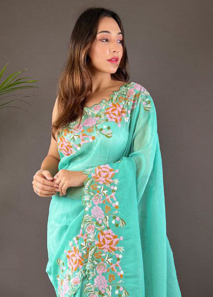 Sea Green Spun Silk Saree With Blouse Piece