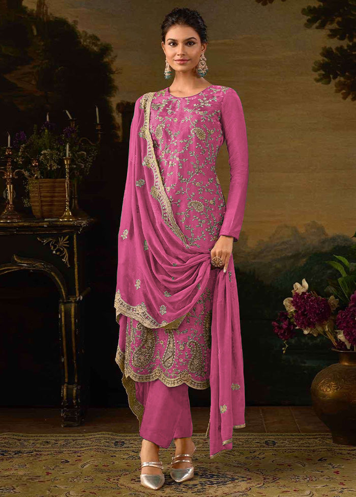 3 Pc Pink Semi Stitched Silk Suit Set