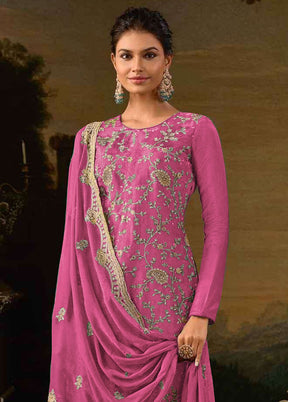 3 Pc Pink Semi Stitched Silk Suit Set