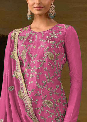 3 Pc Pink Semi Stitched Silk Suit Set