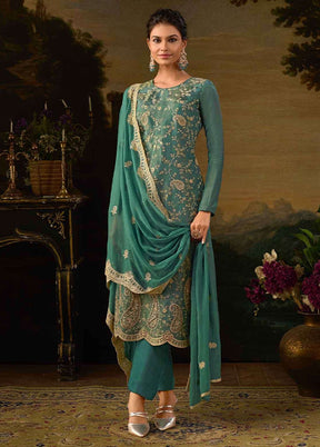 3 Pc Green Semi Stitched Silk Suit Set