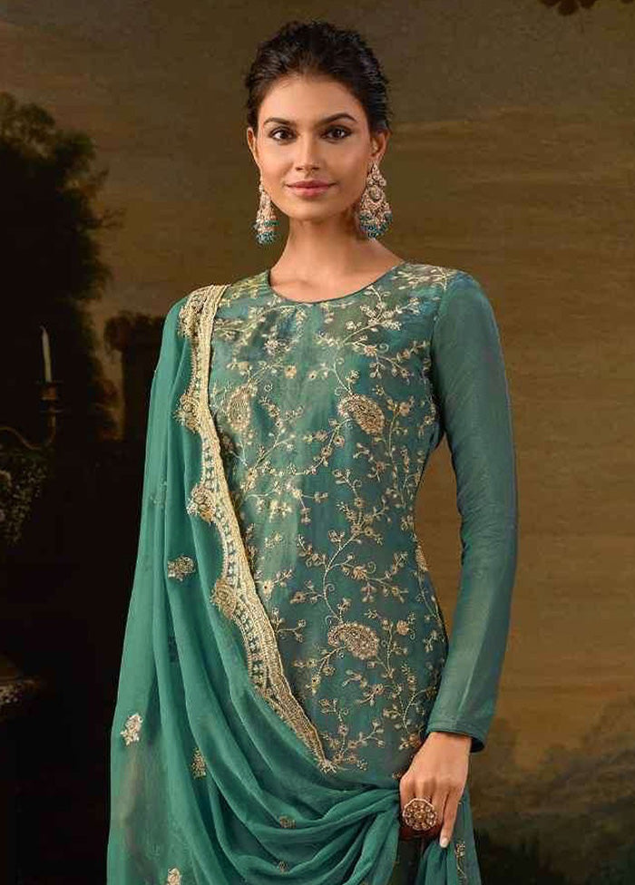 3 Pc Green Semi Stitched Silk Suit Set