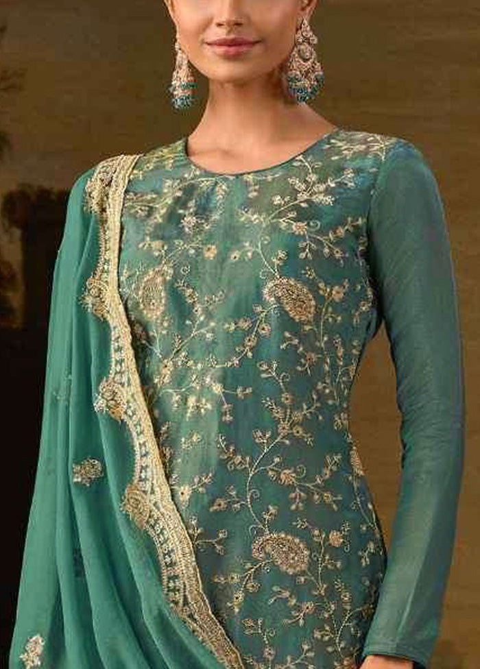 3 Pc Green Semi Stitched Silk Suit Set