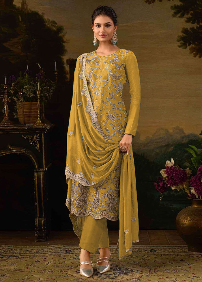 3 Pc Yellow Semi Stitched Silk Suit Set