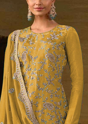 3 Pc Yellow Semi Stitched Silk Suit Set