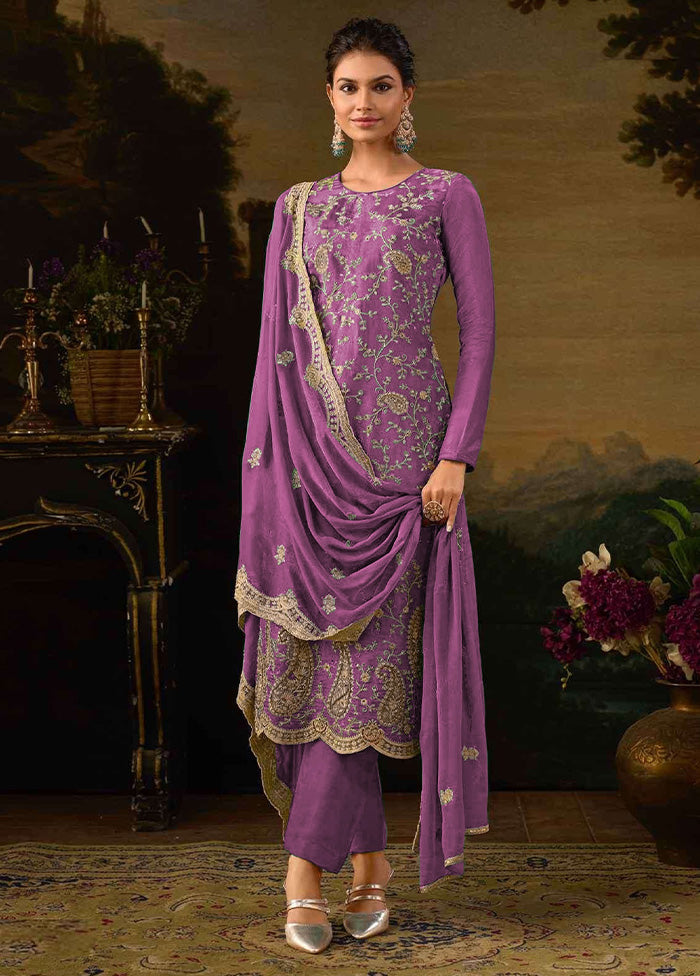 3 Pc Purple Semi Stitched Silk Suit Set