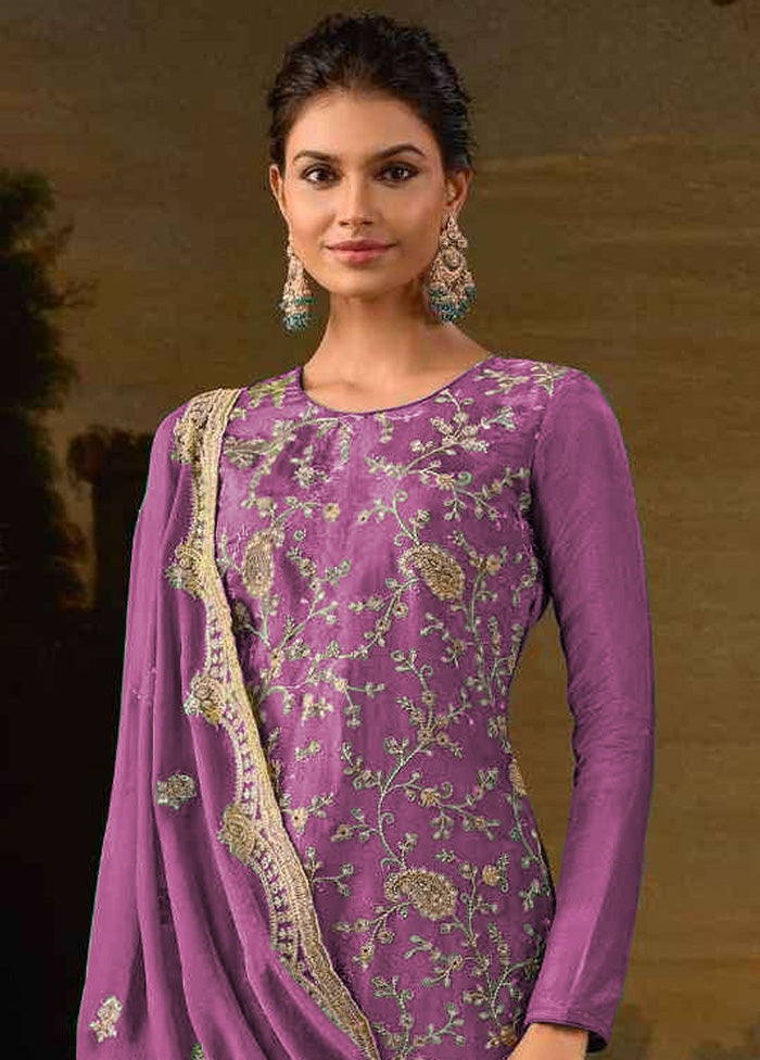 3 Pc Purple Semi Stitched Silk Suit Set