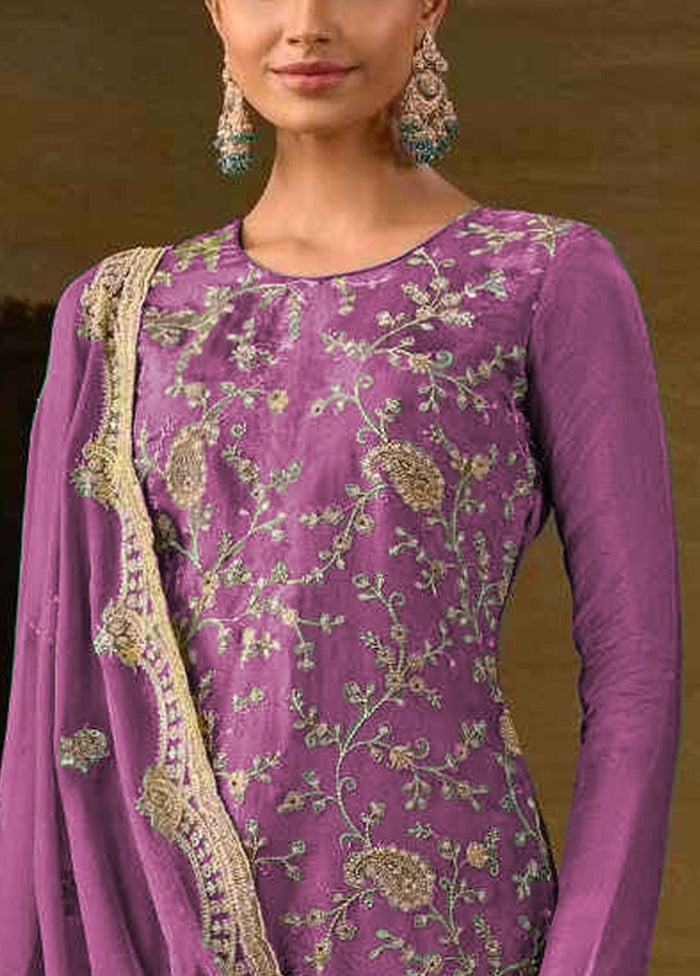 3 Pc Purple Semi Stitched Silk Suit Set