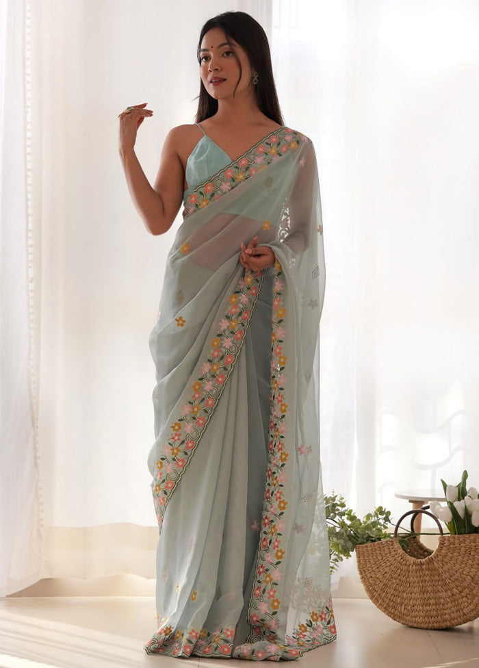 Sea Green Organza Saree With Blouse Piece