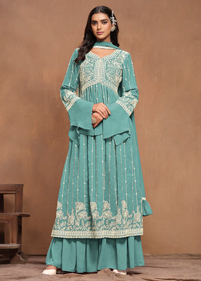 3 Pc Sky Blue Semi Stitched Georgette Suit Set