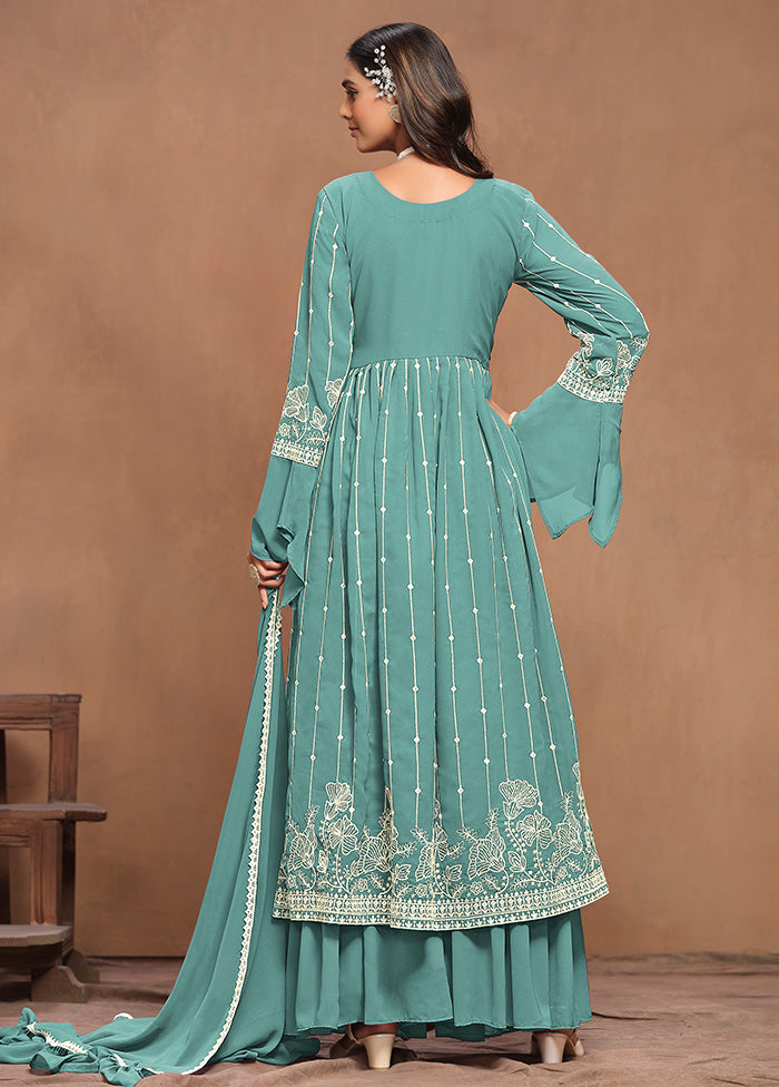 3 Pc Sky Blue Semi Stitched Georgette Suit Set