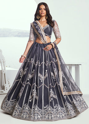 3 Pc Dark Grey Net Semi Stitched Lehenga Set