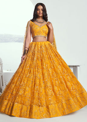 3 Pc Yellow Net Semi Stitched Lehenga Set