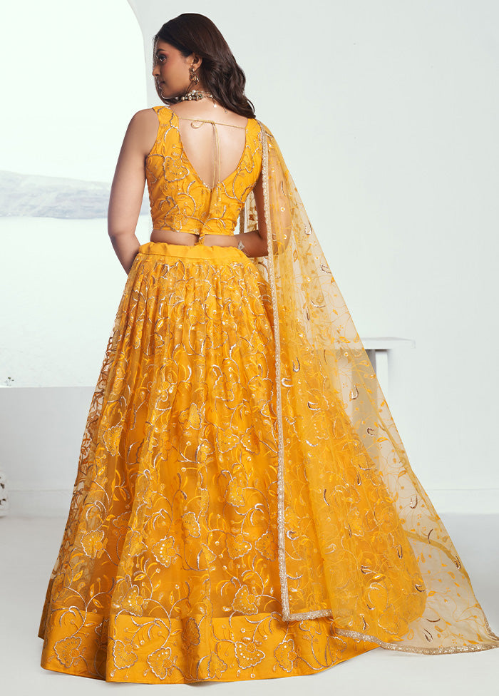 3 Pc Yellow Net Semi Stitched Lehenga Set