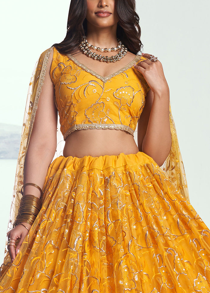 3 Pc Yellow Net Semi Stitched Lehenga Set