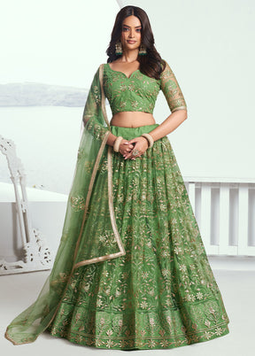 3 Pc Pista Green Net Semi Stitched Lehenga Set