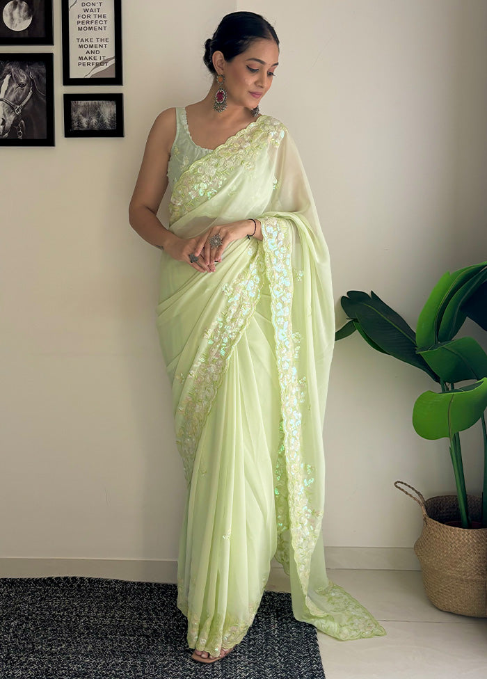 Pista Green Georgette Saree With Blouse Piece