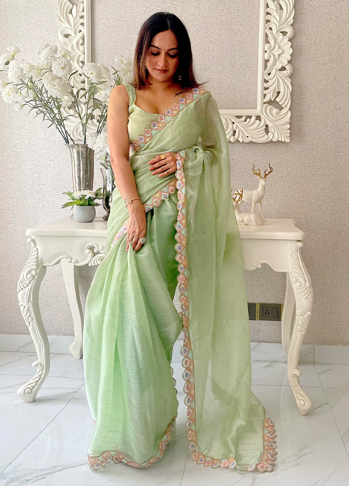 Pista Green Spun Silk Saree With Blouse Piece