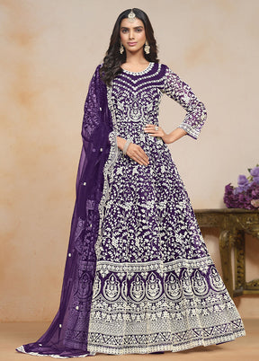 3 Pc Purple Semi Stitched Net Suit Set