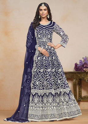 3 Pc Blue Semi Stitched Net Suit Set