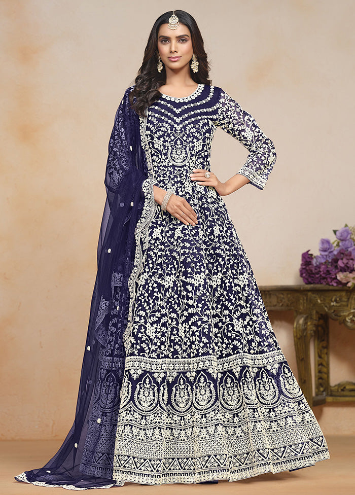 3 Pc Blue Semi Stitched Net Suit Set