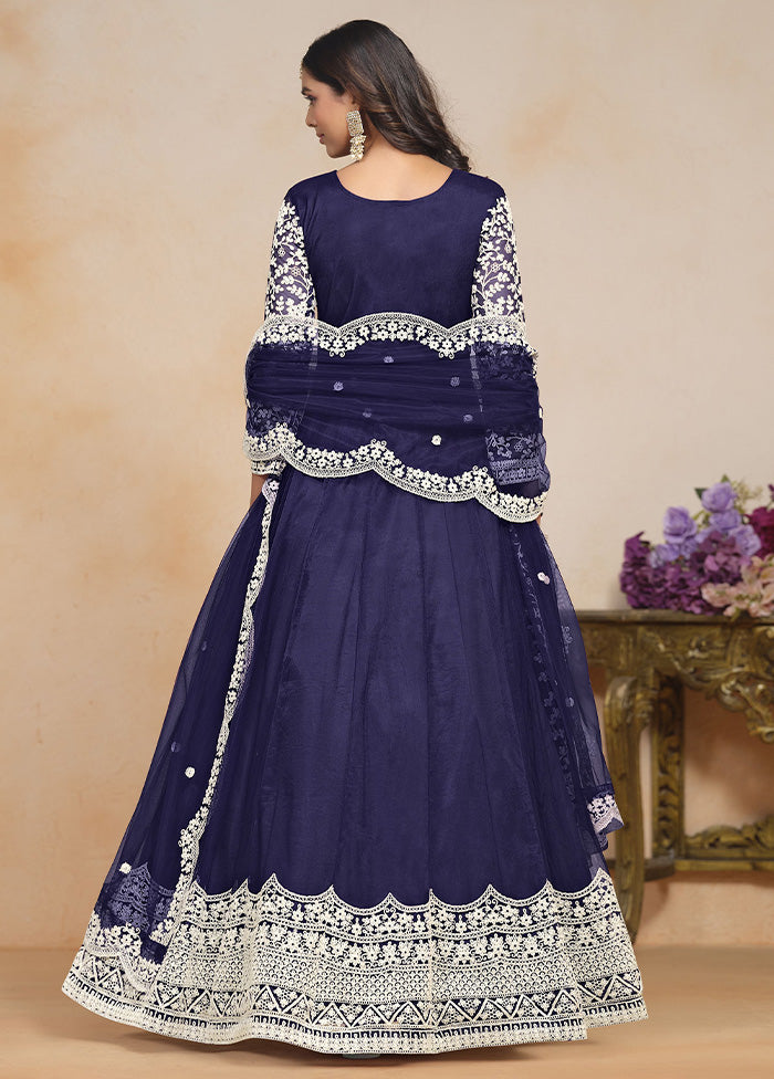 3 Pc Blue Semi Stitched Net Suit Set