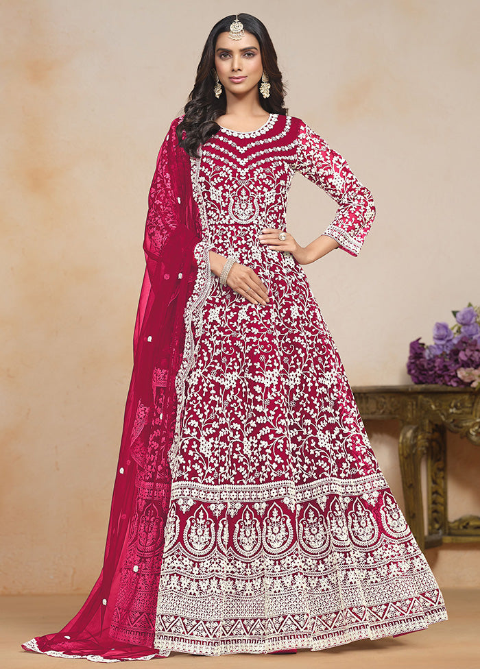 3 Pc Pink Semi Stitched Net Suit Set