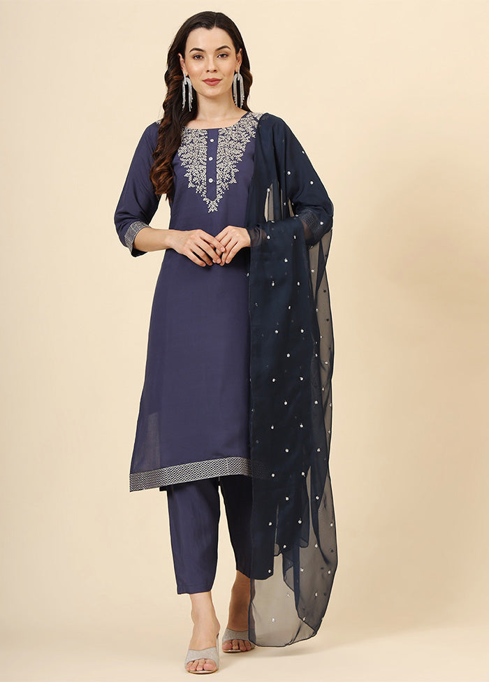 3 Pc Navy Blue Readymade Silk Suit Set