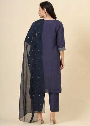 3 Pc Navy Blue Readymade Silk Suit Set