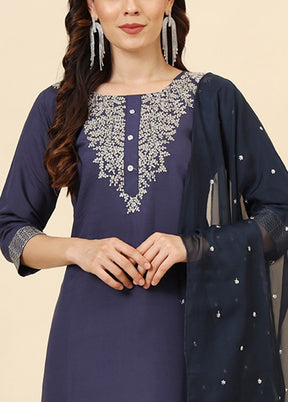 3 Pc Navy Blue Readymade Silk Suit Set