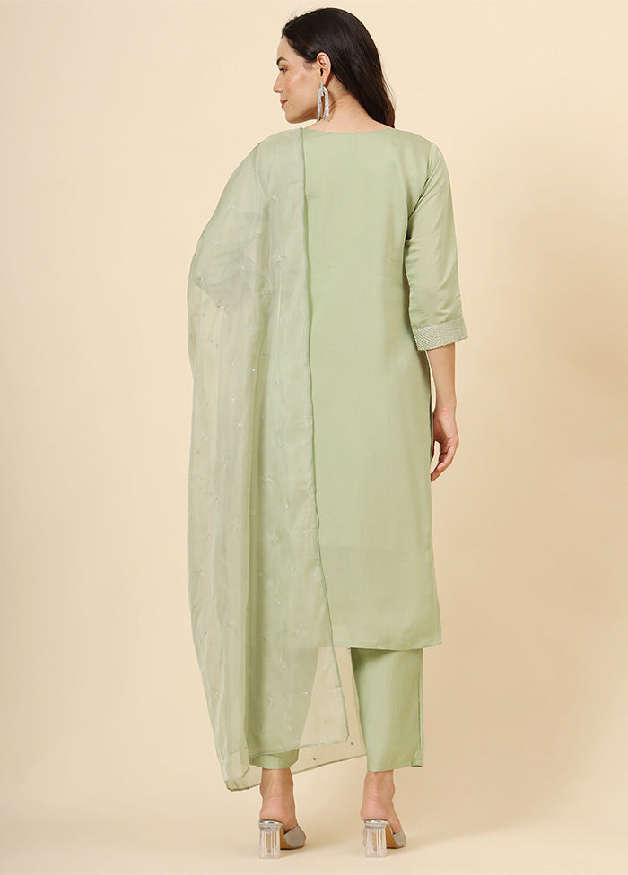 3 Pc Pista Green Readymade Silk Suit Set