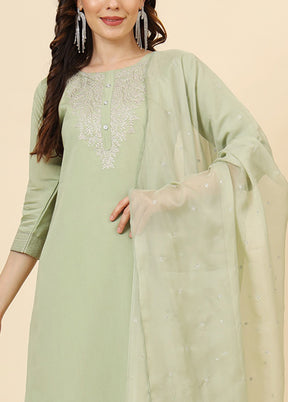 3 Pc Pista Green Readymade Silk Suit Set