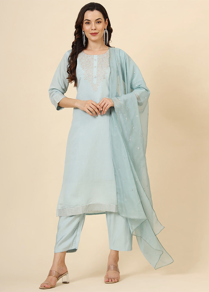 3 Pc Blue Readymade Silk Suit Set