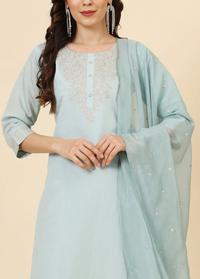 3 Pc Blue Readymade Silk Suit Set