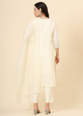 3 Pc Cream Readymade Silk Suit Set