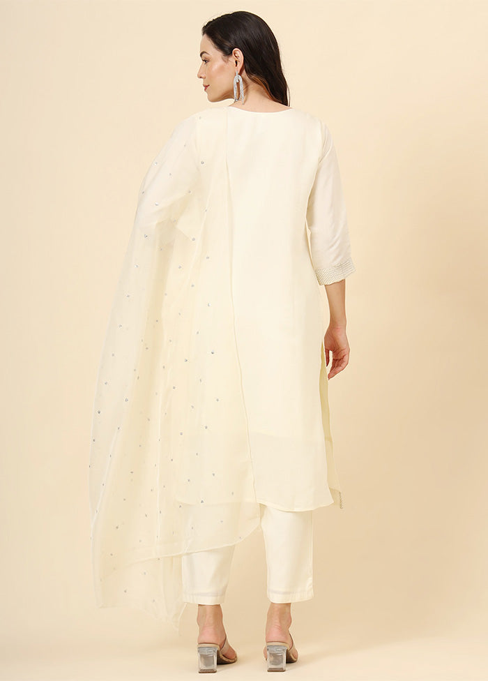 3 Pc Cream Readymade Silk Suit Set