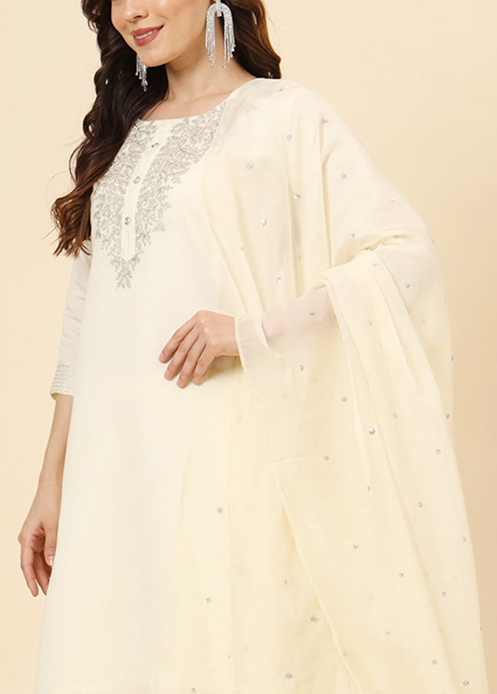 3 Pc Cream Readymade Silk Suit Set