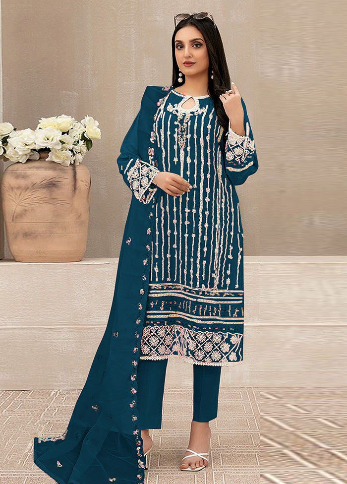 3 Pc Aqua Semi Stitched Georgette Suit Set