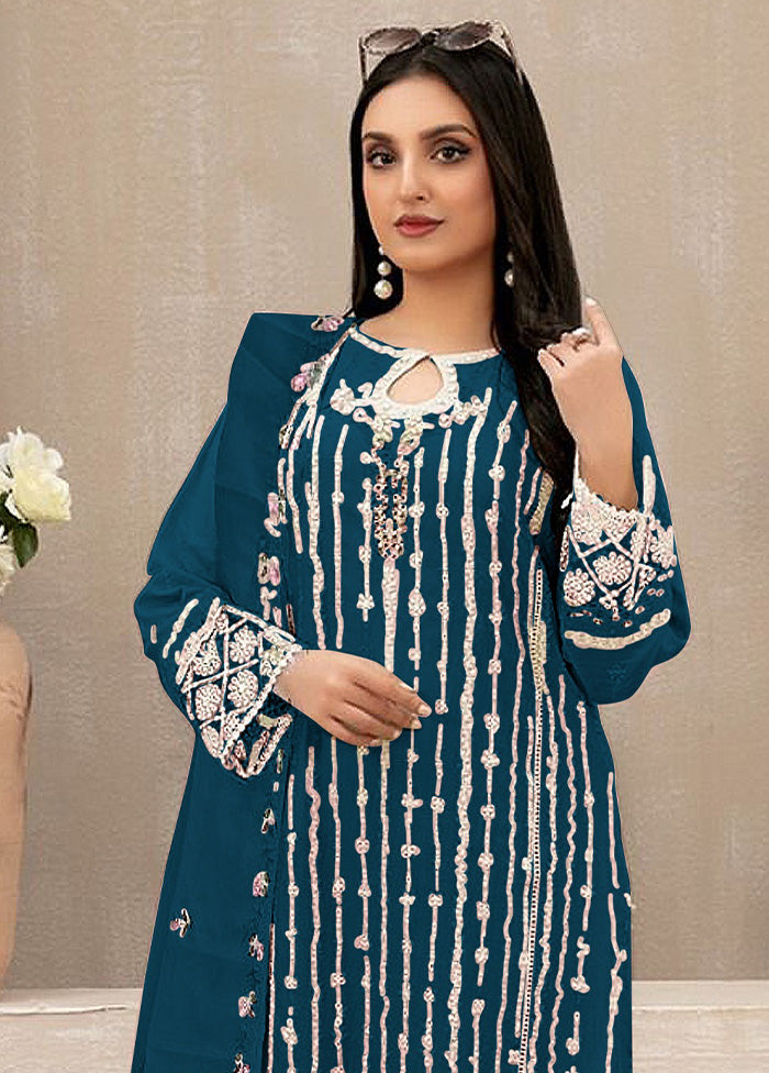 3 Pc Aqua Semi Stitched Georgette Suit Set