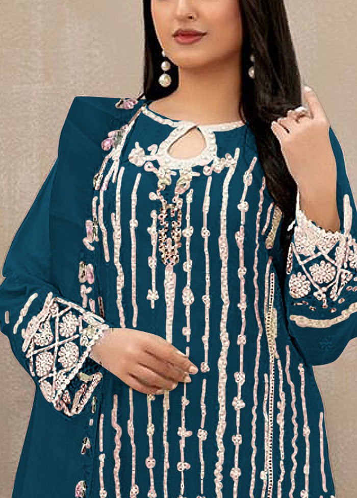 3 Pc Aqua Semi Stitched Georgette Suit Set