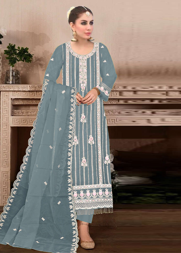 3 Pc Sky Blue Semi Stitched Georgette Suit Set