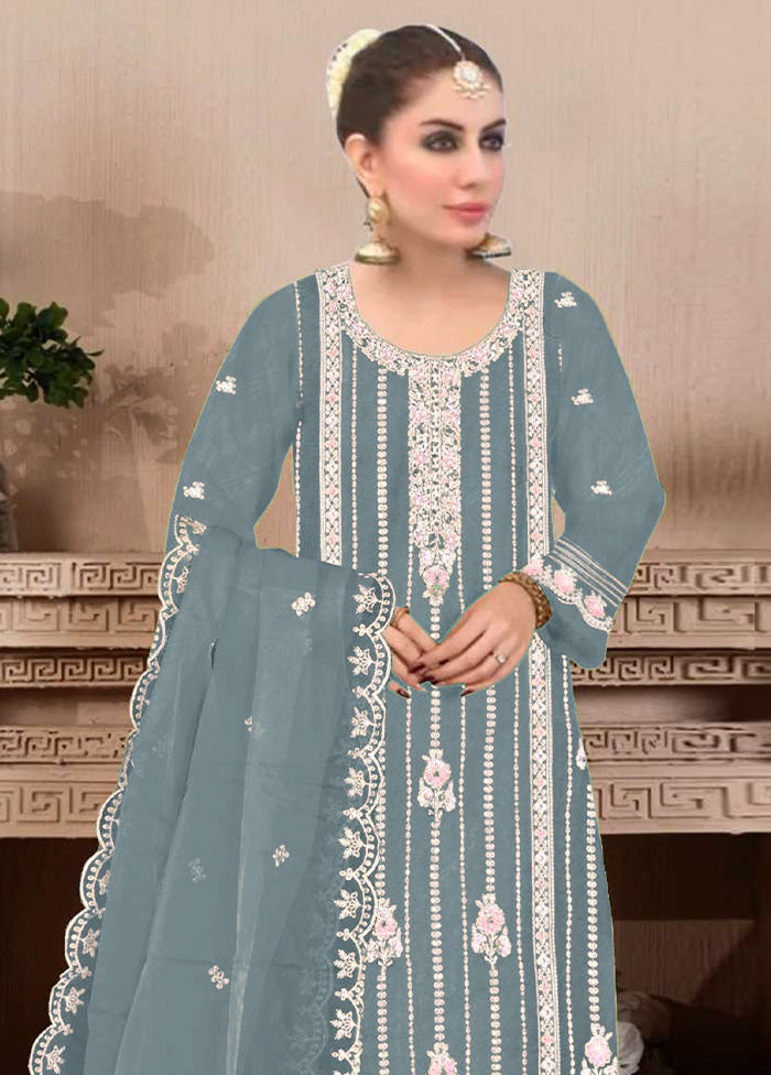 3 Pc Sky Blue Semi Stitched Georgette Suit Set