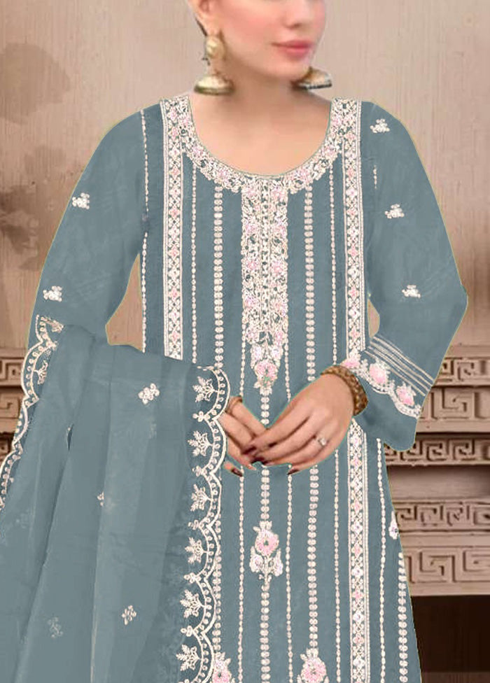 3 Pc Sky Blue Semi Stitched Georgette Suit Set