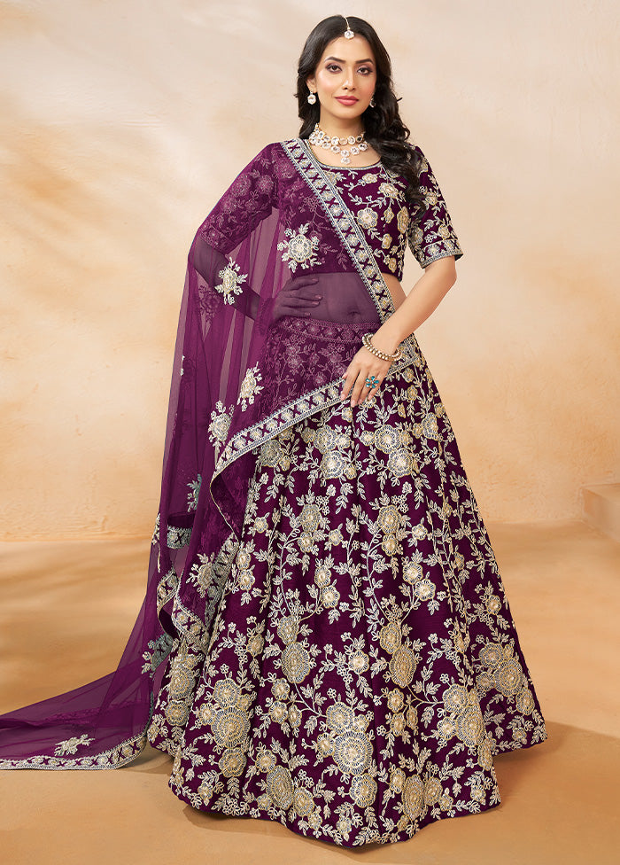 3 Pc Purple Silk Semi Stitched Lehenga Set